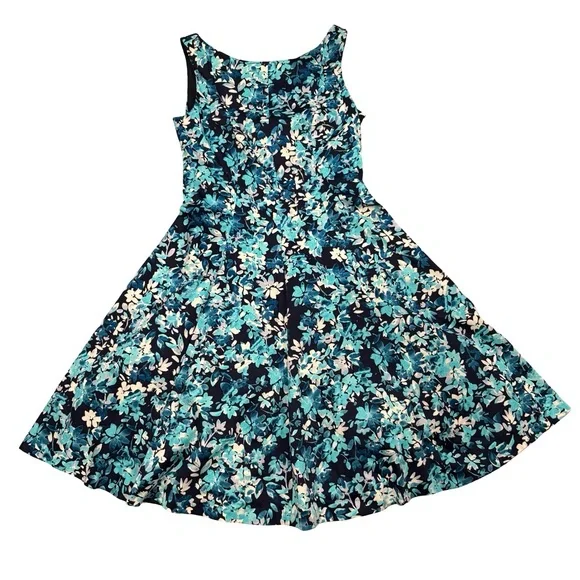 NWT, Maggy London Fit and Flare Sleeveless Summer Dress, Navy and Aqua, Sz 8 - Picture 12 of 16